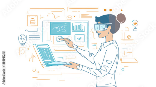 Woman Using Virtual Reality Headset with Laptop.