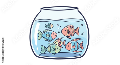 Illustration of a fishbowl with multiple colorful fish swimming inside against a white background