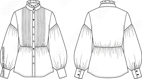 Professional Women Puff Sleeve Blouse Technical Flat Sketch Vector Template with Ruffle Collar and Peplum Waist for Fashion Design Tech Pack and Apparel Manufacturing