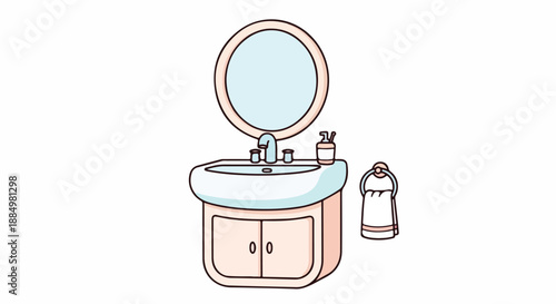 An illustration of a bathroom sink with a round mirror and toiletries on the counter against a white background.