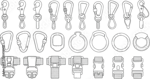 Vector collection of technical hardware flat sketches featuring carabiners plastic buckles metal hooks and D-rings for bag design outdoor gear and apparel CAD