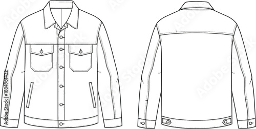 Technical flat sketch of a women's hooded zip-up windbreaker jacket featuring raglan sleeves and welt pockets front and back views for fashion design CAD
