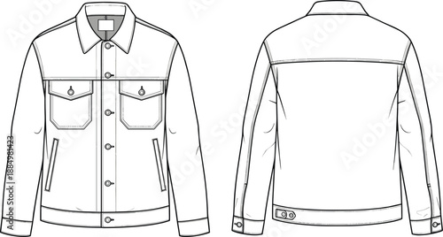 Technical flat sketch of a women's hooded zip-up windbreaker jacket featuring raglan sleeves and welt pockets front and back views for fashion design CAD