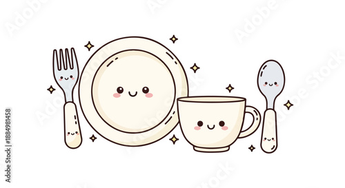A digital illustration of a plate, cup, fork, and spoon with smiling faces on a white background with sparkles.