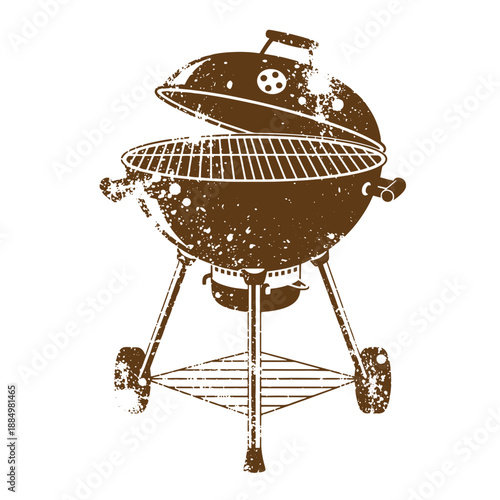 Drawing Vintage grunge  texture Grill barbecue with open lid and wheels on white background
