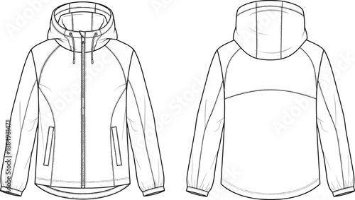 Technical flat sketch of a women's hooded zip-up windbreaker jacket featuring raglan sleeves and welt pockets front and back views for fashion design CAD