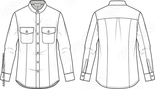 Long-sleeve men's mandarin collar button-down shirt technical flat sketch vector illustration with double chest pockets front and back views for fashion design CAD