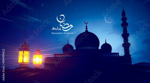 Ramadan Kareem, Ramadan Mubarak  Translated: in Arabic calligraphy greeting card with Hanging Illuminated Lanterns you can use it for Islamic occasions like Ramadan, Eid Ul Fitr and Eid Ul Adha