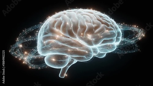 A 3D rendered brain with swirling light trails against a dark background, depicting neural activity