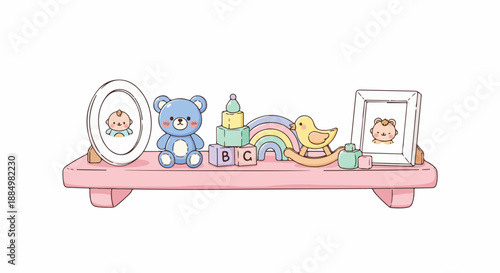 A pink shelf with a blue teddy bear, framed pictures, toys, and other baby items on a white background.