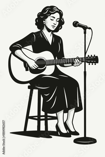 Female Guitarist Performing Acoustic Music Live on Stage Illustration