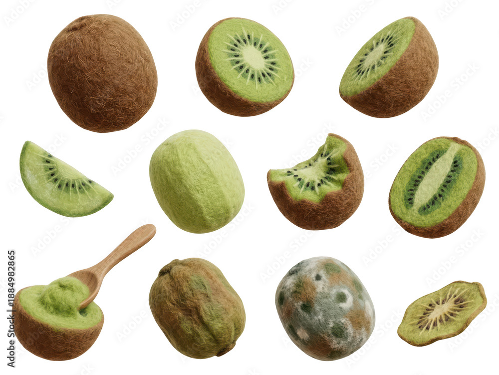 Fototapeta premium Kiwi Fruit Collection: Fresh Slices, Whole, Spoiled - 3D Render Isolated