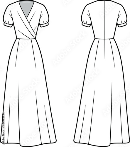 Elegant fashion illustration of pleated long dress, puff sleeves, wrap bodice, technical sketch, front and back view