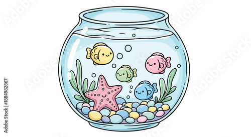 Digital illustration of a fishbowl with colorful fish, starfish, and plants on pebbles against a white background.