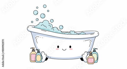 A cartoon bathtub with a smiling face sits amidst bubbles and bottles on a plain white background in a playful and cheerful scene.