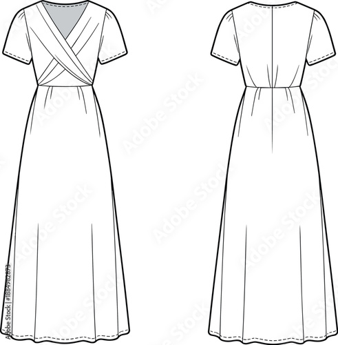 Elegant women's wrap dress fashion sketch, technical illustration, sewing pattern, garment construction, apparel design, front and back view