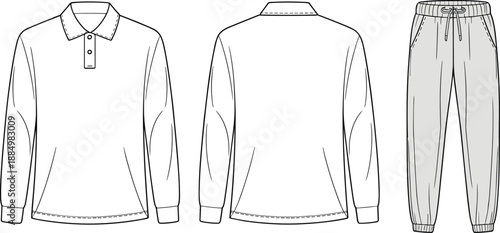 Long sleeve polo shirt and jogger pants technical fashion sketch, garment construction, apparel design, clothing blueprint, vector outline