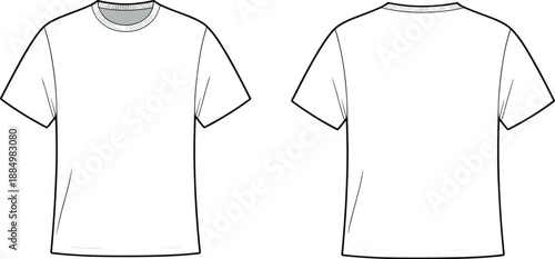 Plain white short sleeve t-shirt front and back view, apparel template, fashion design, garment pattern, sewing layout