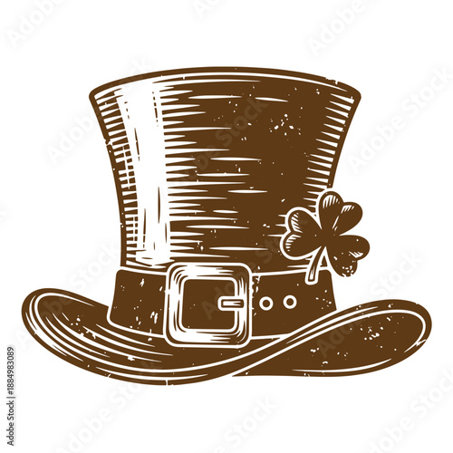 Drawing Vintage grunge  texture st patricks day hat with shamrock on belt  traditional irish top hat with four leaf clover