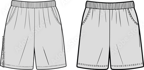 Technical fashion illustration of men's shorts, elastic waistband, side pockets, garment construction, apparel design, vector template