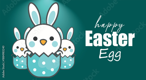 Happy easter egg design with adorable bunnies popping out of festive blue eggs