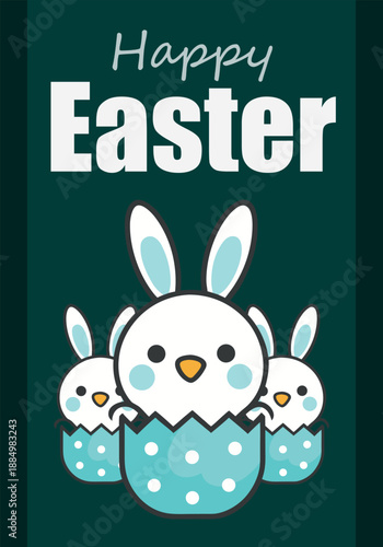 Happy easter greeting with cute bunnies hatching from polka dot eggs