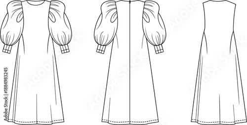Technical fashion illustration of puff sleeve dress design, front and back views, garment construction, pattern making reference