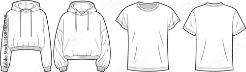 Technical fashion sketch of hoodie and t-shirt designs, garment illustration, apparel template, clothing blueprint, vector outline drawing