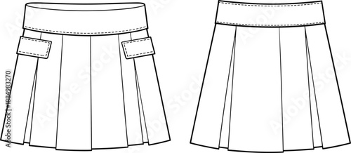 Technical fashion sketch of pleated skirt design, front and back view, with waistband, flap pockets, garment construction details
