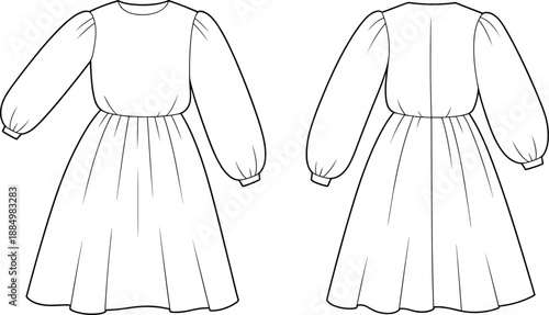 Technical fashion sketch of puff sleeve dress, gathered skirt, round neckline, front and back view, garment construction illustration