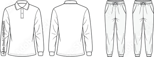 Technical fashion sketch of long sleeve polo shirt and jogger pants, apparel design, garment construction, clothing template