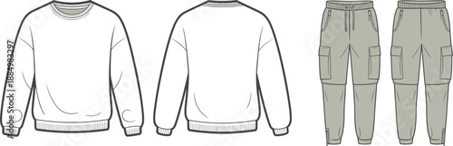 Technical fashion sketch of sweatshirt and cargo pants, front and back view, garment design, apparel specification template