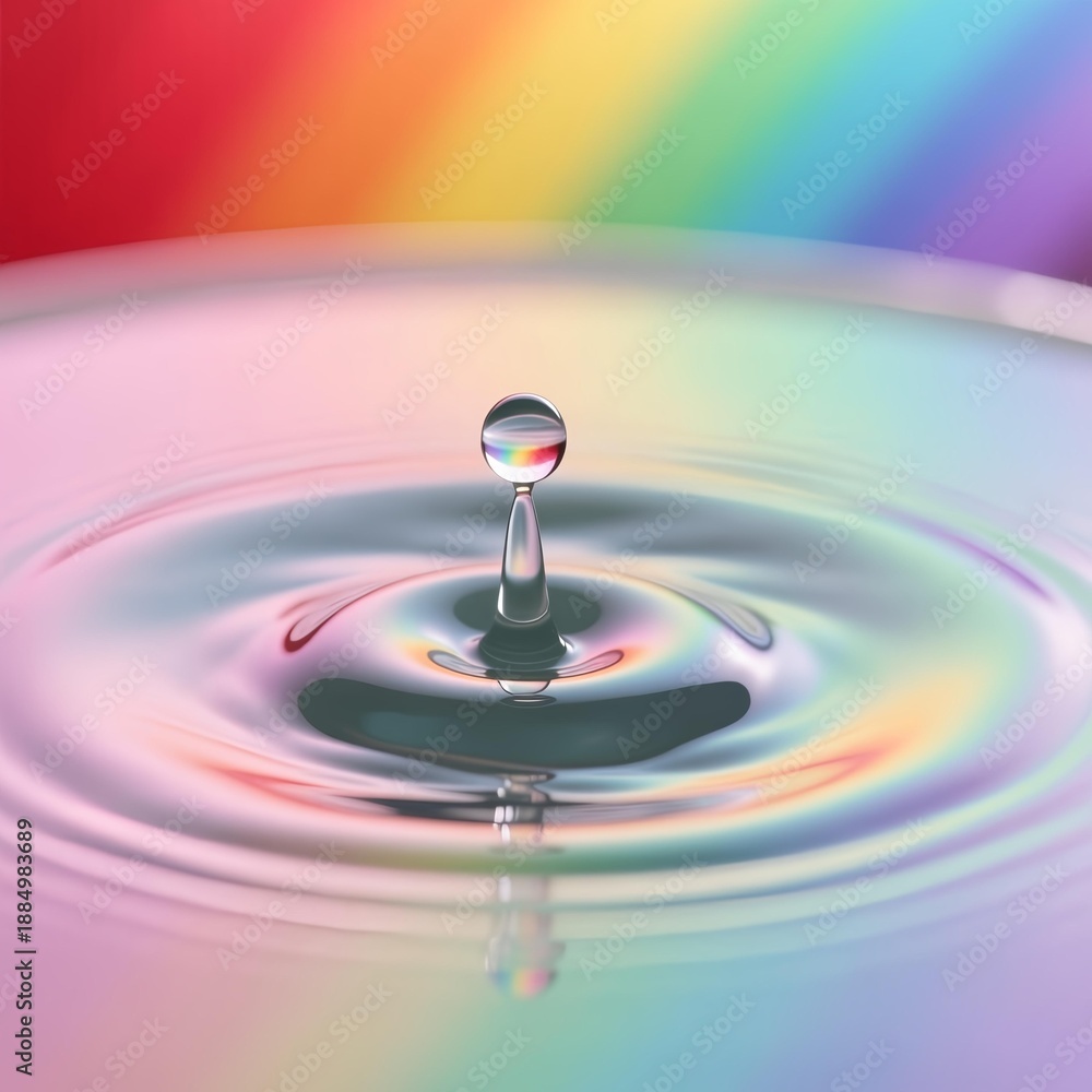 Obraz premium Rainbow colored water droplet creating ripples in a serene environment