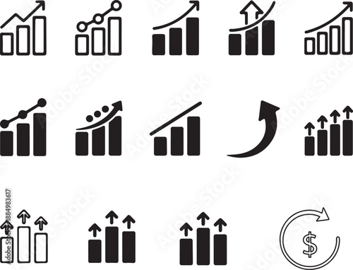 Collection of black line icons depicting growth charts and upward trends for business
