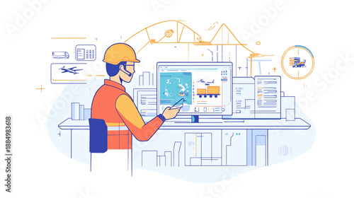 Engineer working on computer with blueprints.