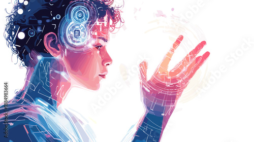 Futuristic Human with Digital Brain Interface.