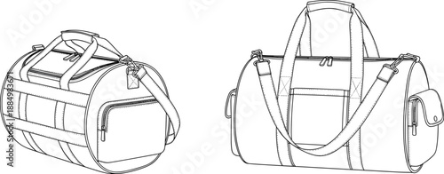 Technical fashion flat sketch of a travel duffel bag with handles and shoulder strap vector illustration for product development tech pack and manufacturing
