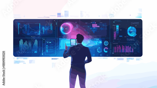 Man Analyzing Data on Large Screen Display.