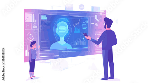 Man and Boy Interacting with Digital Screen.