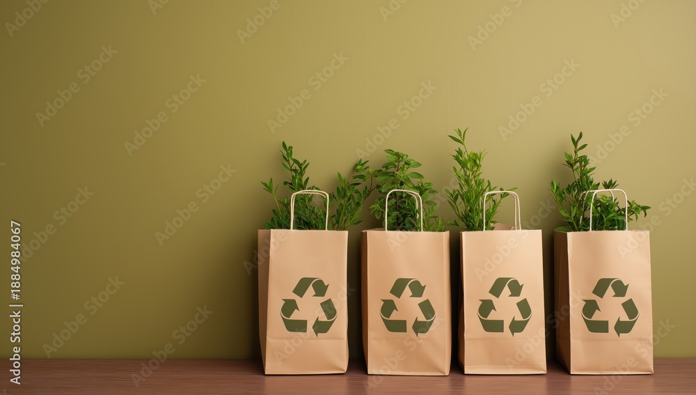 Fototapeta premium Four brown paper bags with recycling symbols, holding green plants, representing eco-friendly shopping, sustainability, and growth