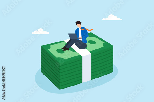 Flat illustration of businessman sitting on large money stack working on laptop symbolizing online income financial success passive earnings wealth building and digital business