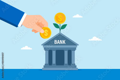Flat illustration of businessman hand depositing coin into bank building with growing money plant symbolizing savings growth investment return financial stability and wealth accumulation