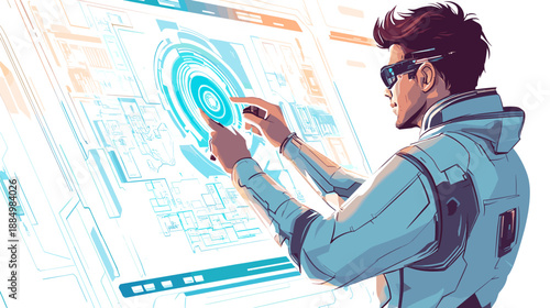 Man Interacting with Virtual Interface Screen.