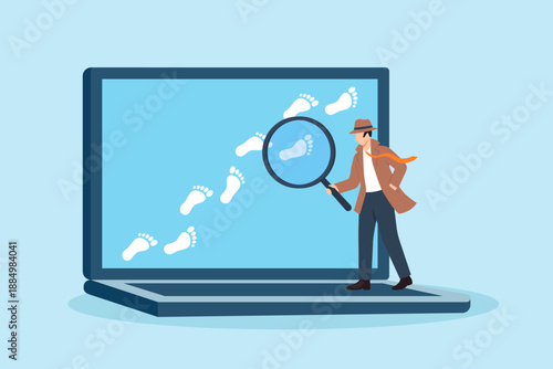 Flat illustration of detective examining online footprints on laptop screen with magnifying glass symbolizing cyber investigation digital forensics and data tracing