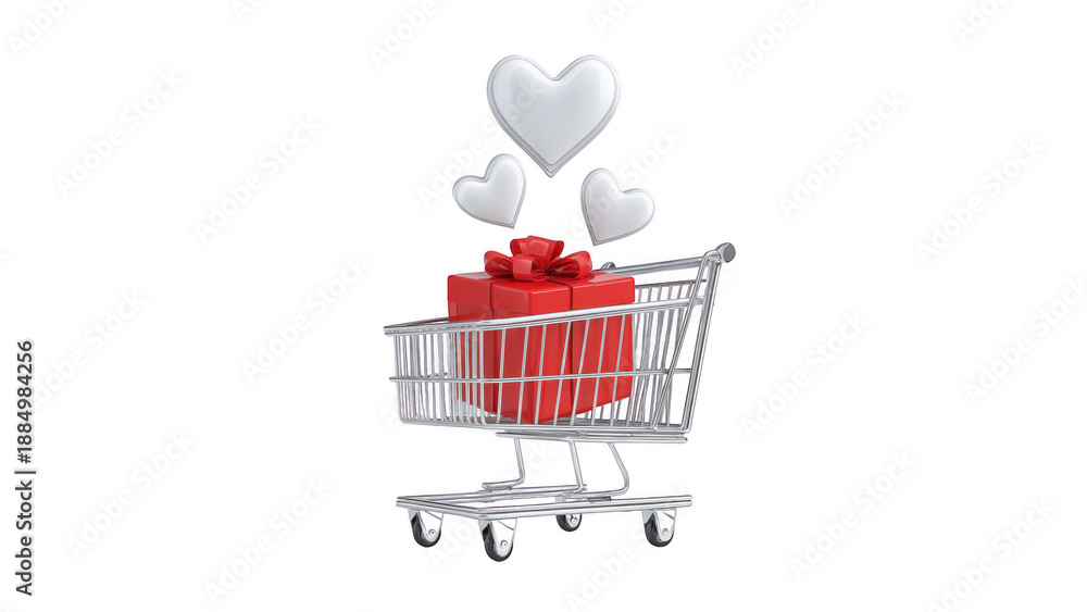 Naklejka premium Shopping cart holds a red gift box and floating hearts, AI, PNG