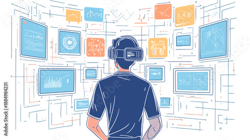 Man wearing VR headset surrounded by screens.