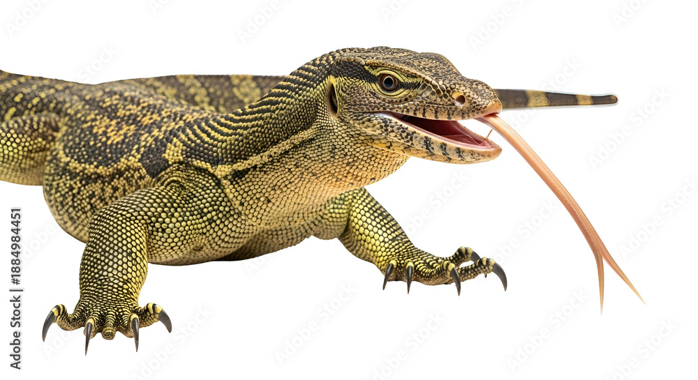 Obraz premium A Komodo dragon standing on a rock, tongue out, in a natural habitat, viewed from the side, captured in a photograph