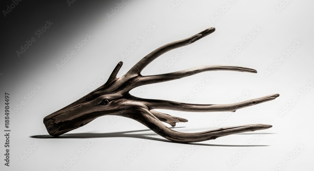 Obraz premium A gnarled piece of dark driftwood or tree root with multiple branches, isolated on a white background with a subtle shadow.