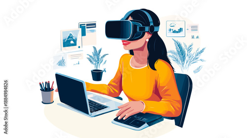 Woman Wearing Virtual Reality Headset at Desk.