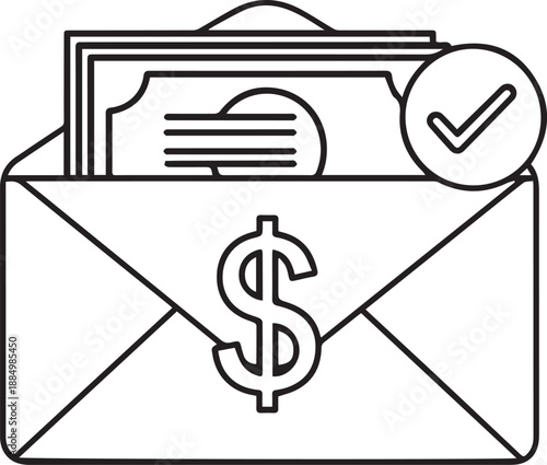 Financial success concept with envelope containing money and a check mark